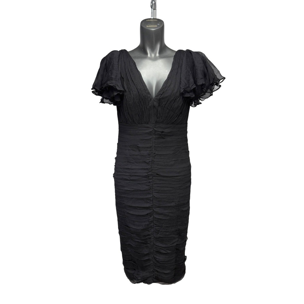 TADASHI SHOJI Black 100% Silk Ruched V-Neck Flutter Sleeve Midi Dress 10 Size L